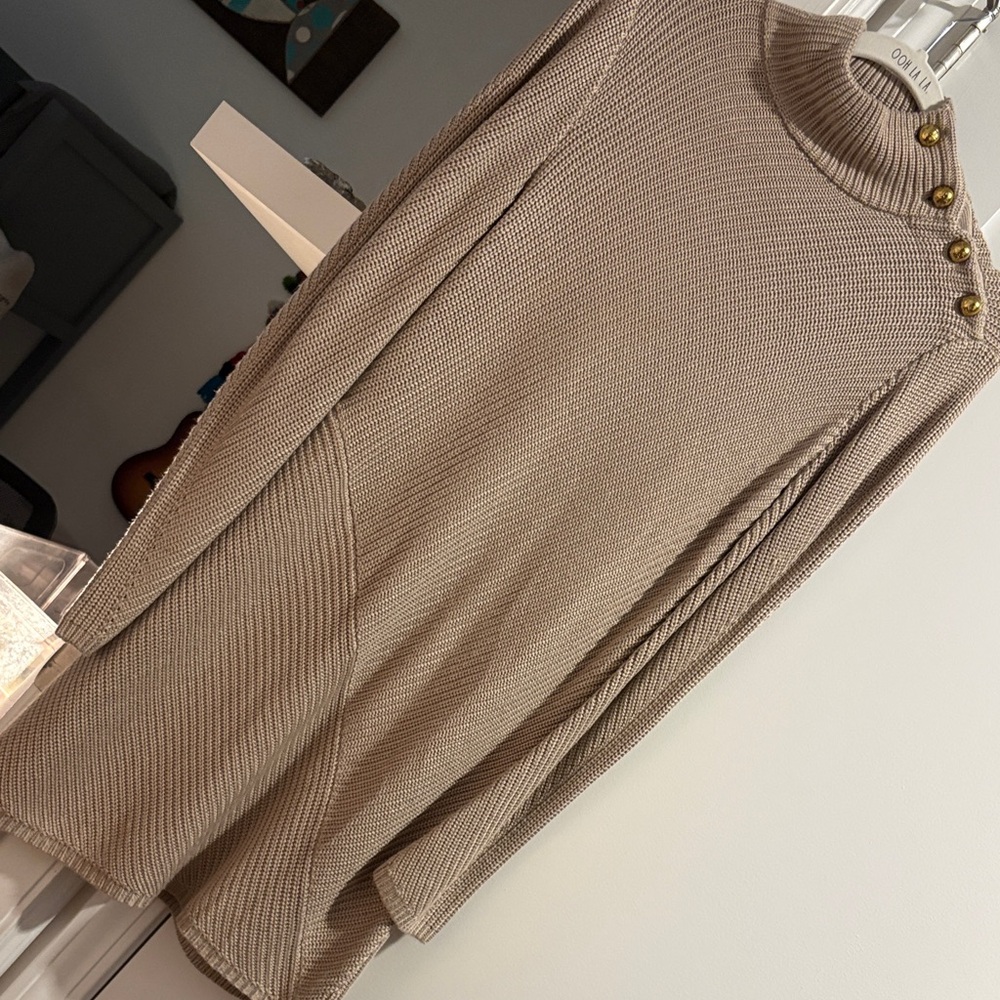 Tory Burch Beige Knit Sweater Dress with Gold Buttons, 100% merino wool